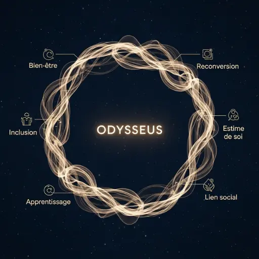 Carte mentale présentant les 6 piliers d'Odysseus : Identité, Social, Professionnel, Bien-être, Culture, et Formation.